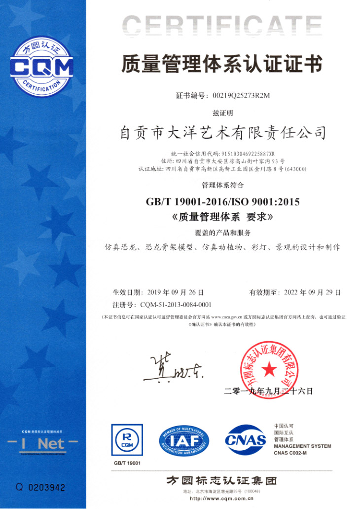 自贡大洋艺术有限责任公司ISO9001质量管理认证