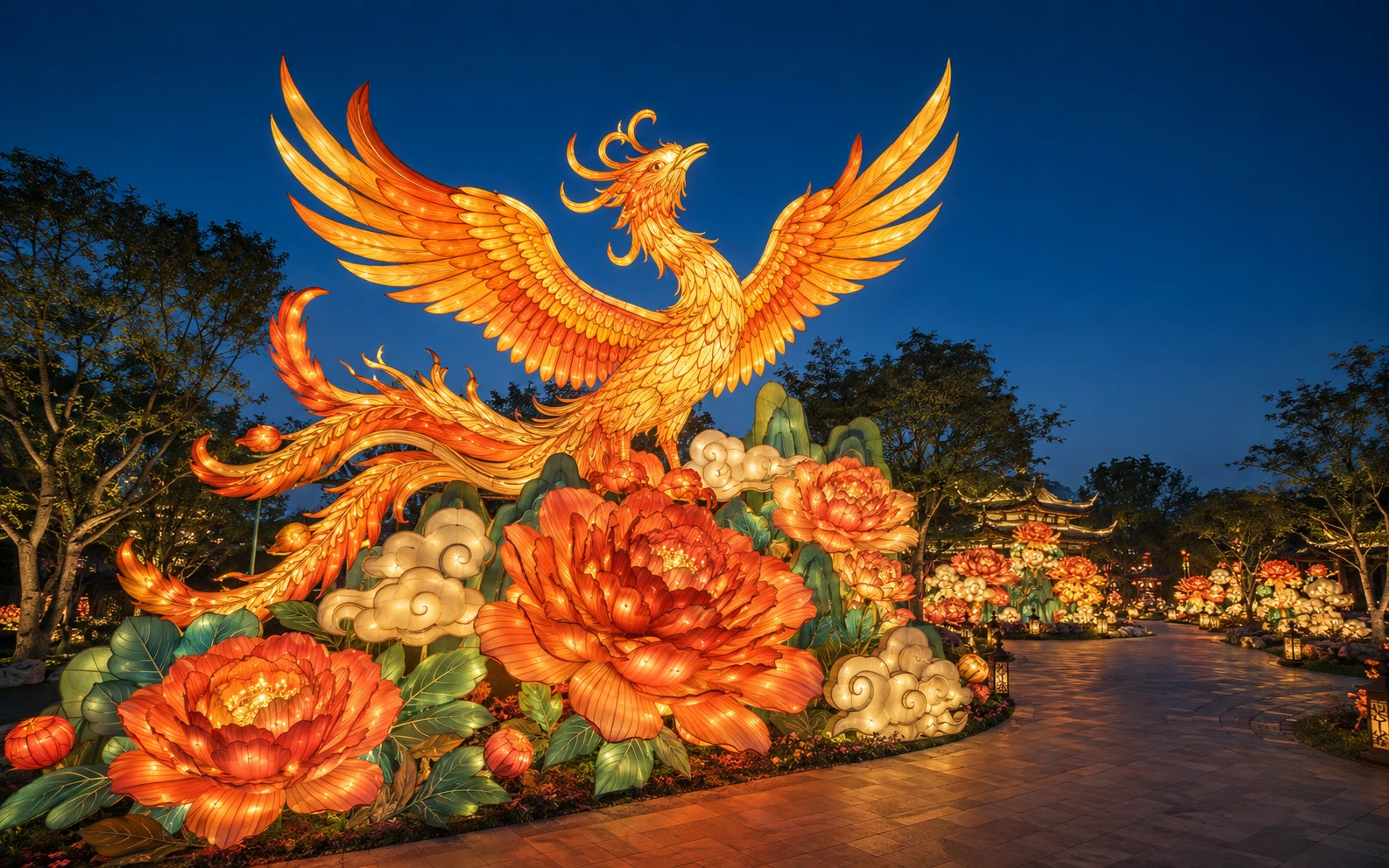 凤凰牡丹主题彩灯与园区夜游步道整体设计